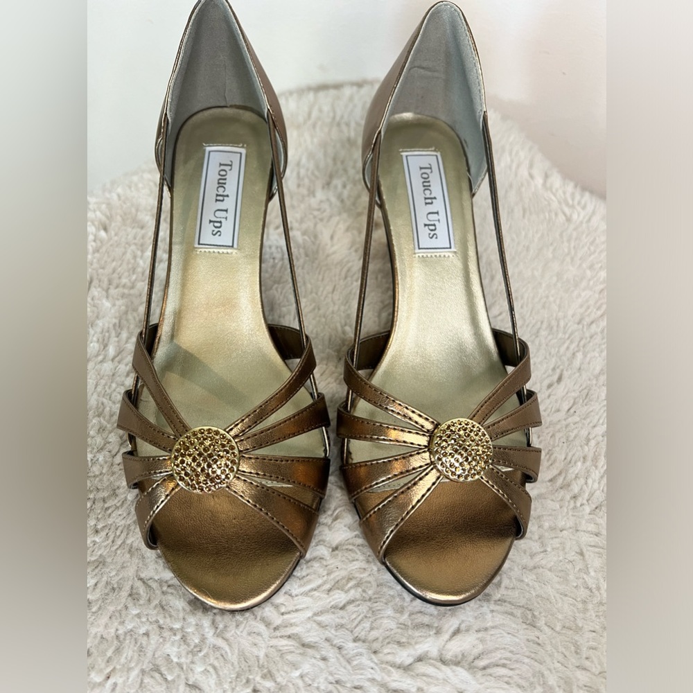 NIB touch ups Gemini bronze open toe heels NWT 7.5 size 7 1/2 - Picture 3 of 5